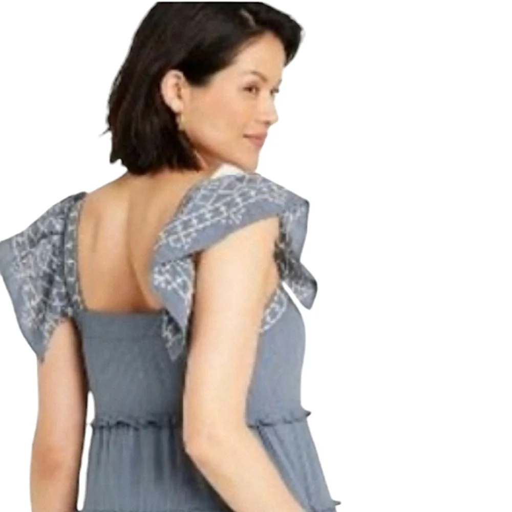 Knox Rose Blue Embroidered Tiered Midi Dress Flutter Sleeves & Pockets Small